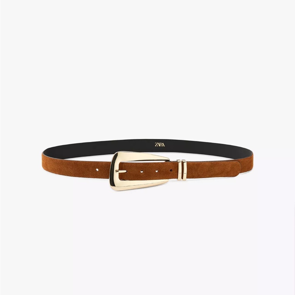 ZARA BNWT Tan SuedeLeather Belt with Gold-Tone Buckle